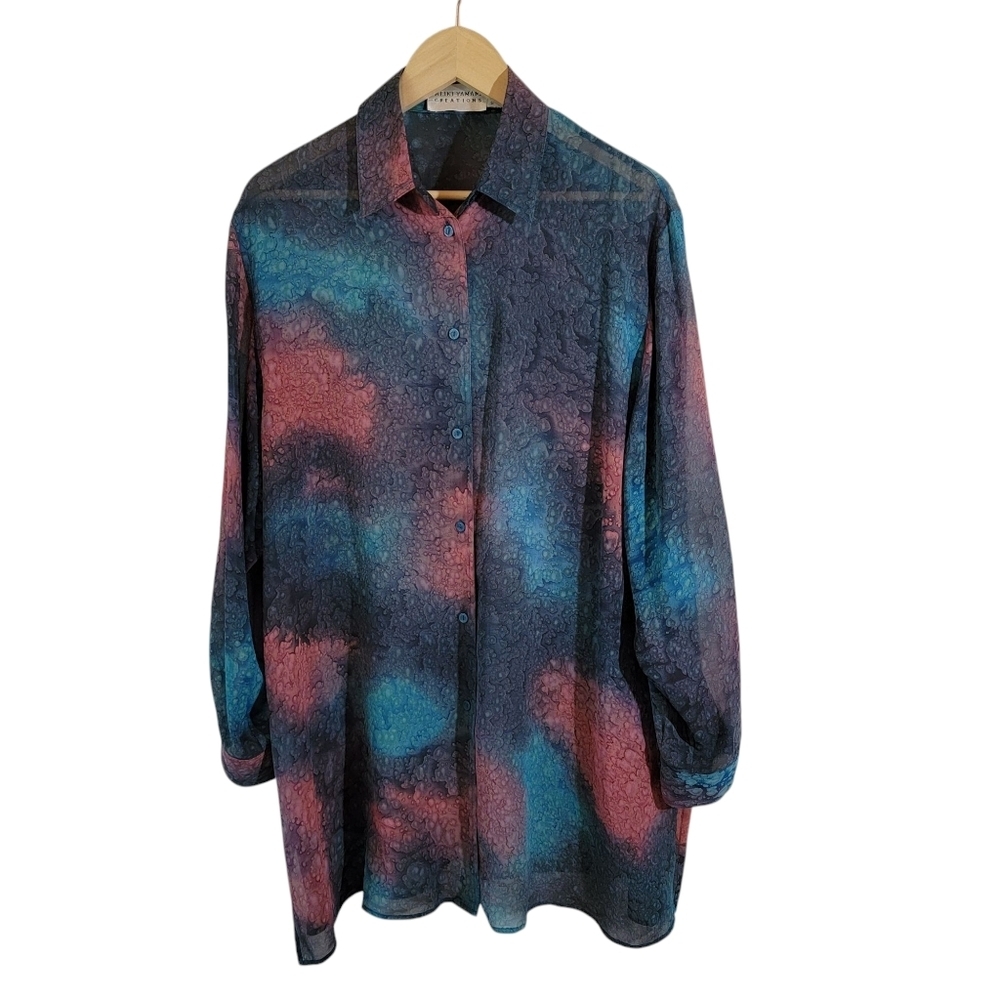 VTG ALIKI YAMANI 100% Silk Multi Button-Up Shirt Top OS Bubble Print Old Money